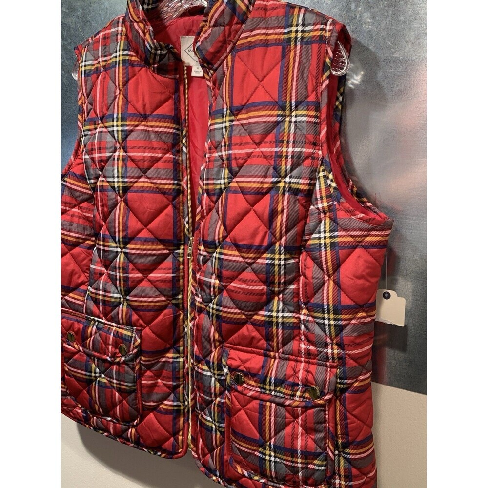 St John's Bay Cabin Barn Chore Vest Bright Brass Zip Plaid Quilted Mock Collar - Picture 7 of 16